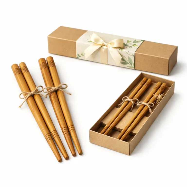 Matte-oiled bamboo chopsticks with engraved handles are enhanced for grip with fine anti-slip grooves near the tips, bundled together and ready in elegant gift packaging for wedding favors.