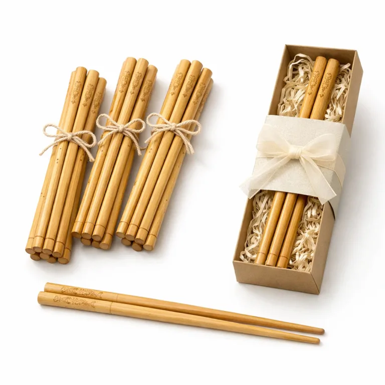 Natural finish bamboo chopsticks for weddings, rounded tips and engraved handles for extra detail, bundled together and ready in custom gift packaging, shown in a high-quality studio setup.