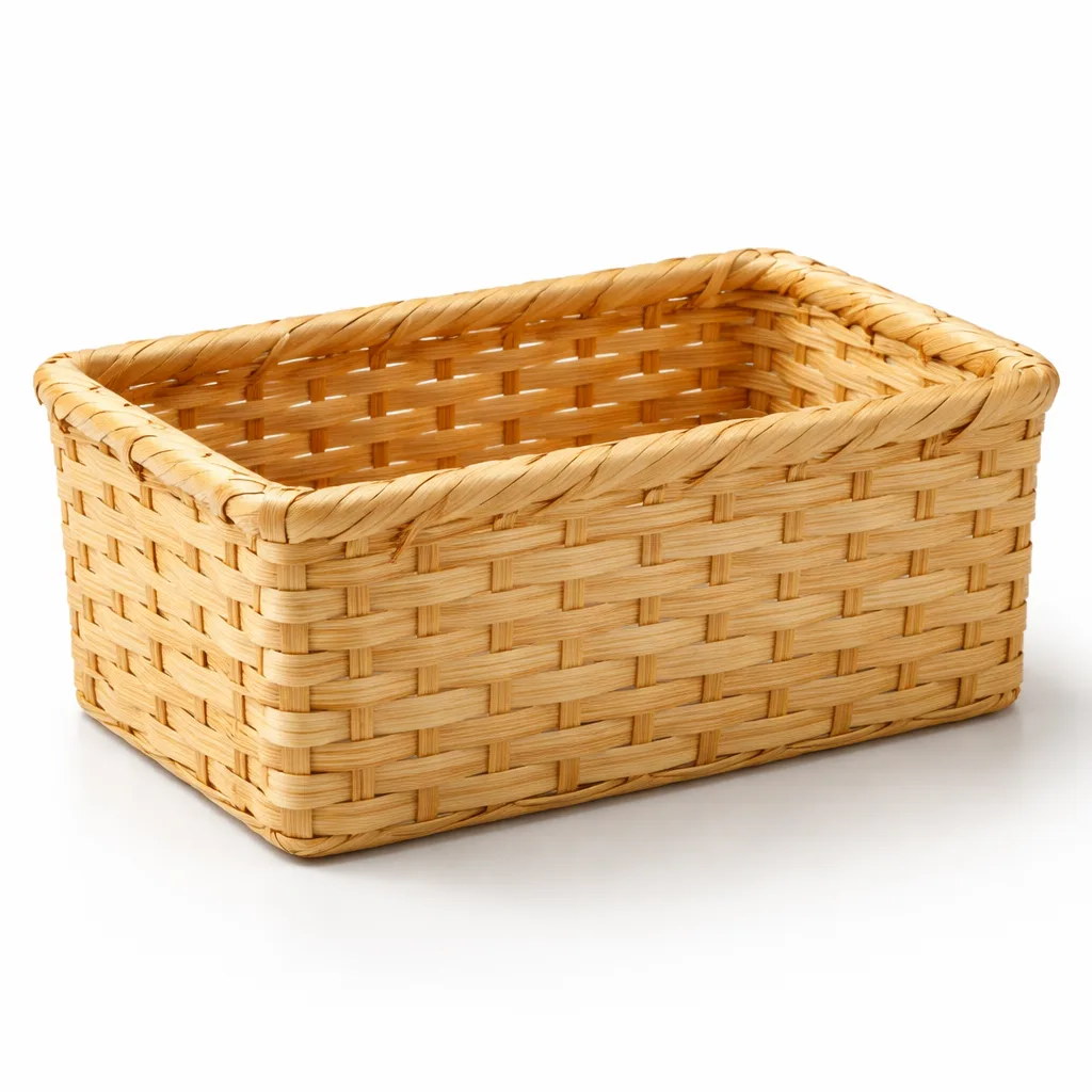 A classic bamboo wicker-style basket with a natural bamboo finish, featuring sharp woven details and smooth edges. Perfect for versatile storage needs.
