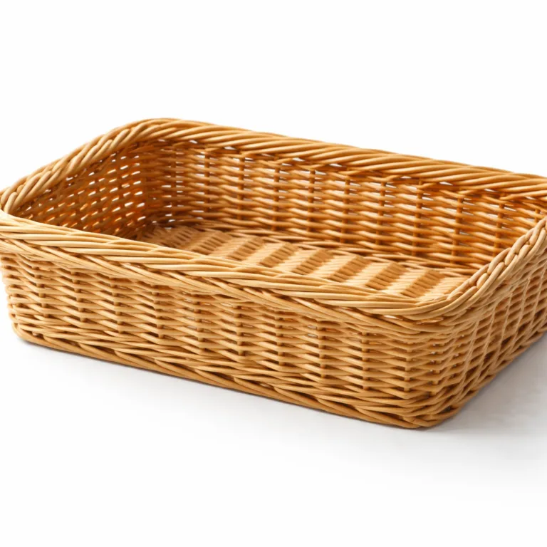 A rectangular bamboo wicker-style basket featuring a subtly elevated rim for better containment and structure, combining aesthetics with practical enhancements.
