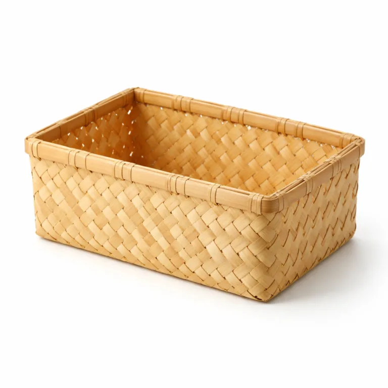 A finely woven rectangular bamboo pantry basket featuring a classic natural finish. The surface is smooth and showcases the organic texture of bamboo, ideal for versatile kitchen organization.