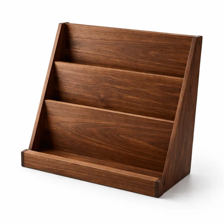 This variant features a deep carbonized bamboo look, giving the book display stand a rich, dark tone. The front edge is precisely beveled for style and comfort, while the tiered display and angled back provide sturdy support for book presentation.