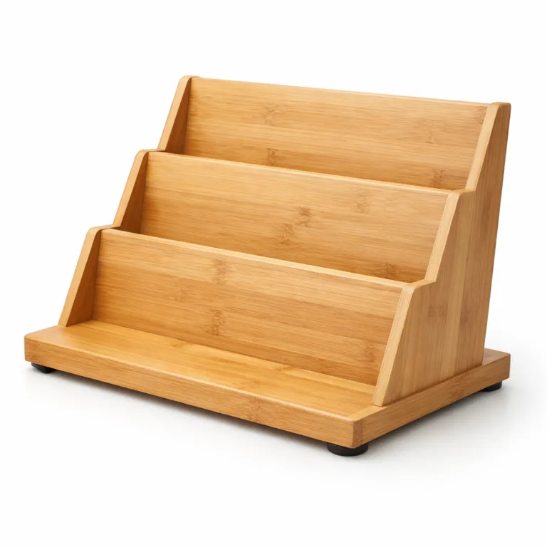 A minimalistic wooden book display stand made from natural bamboo, designed with small anti-slip feet on the base. The functional feet provide stability on smooth surfaces, while the tiered construction and angled back support keep books securely displayed.