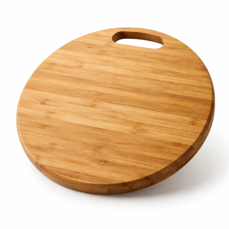 Round-shaped carbonized bamboo charcuterie serving board featuring a sleek integrated handle cutout for easy carrying, captured in crisp high-detail studio photography for e-commerce display.