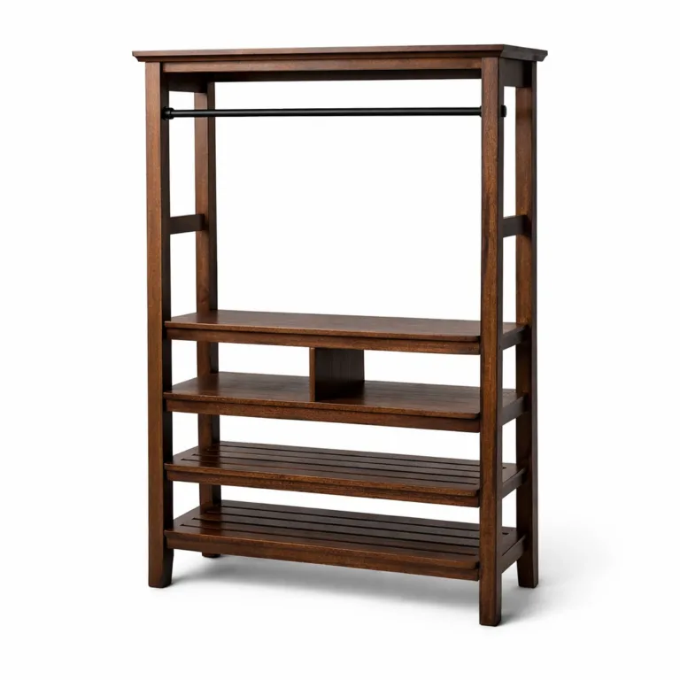 A multi-shelf rectangular entryway storage rack made from beech wood with a carbonized dark finish. The stand features clean beveled shelf edges, offering an elegant entry solution that accentuates modern interiors.