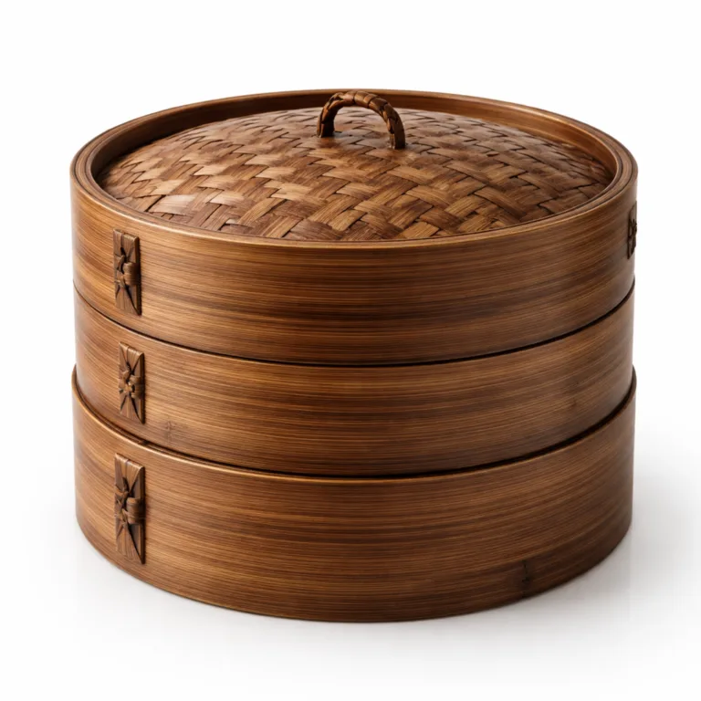 A large bamboo steamer featuring a rich carbonized dark finish for increased durability and moisture resistance. Classic multi-tier design for family-size meal preparation.