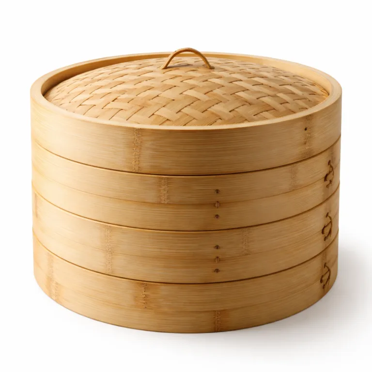 A family-size round bamboo steamer with a smooth matte-oiled finish for a subtle sheen and beveled edge profile for added style and safety. Features multi-tier classic construction.