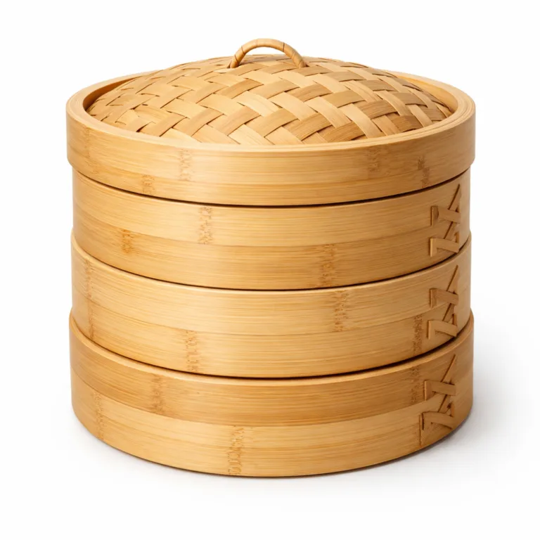 A large family-size bamboo steamer crafted from natural bamboo with traditional smooth rounded edges. Features a classic multi-tier round design, ideal for cooking large meals.