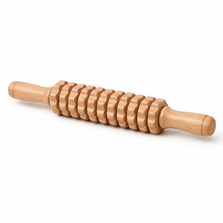 Beech wood massage stick roller featuring precisely beveled edges and a subtle decorative groove at each endcap for an enhanced tactile feel.