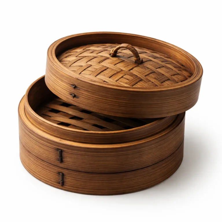 A mini bamboo steamer for dim sum crafted from carbonized bamboo, giving a rich brown tone and enhanced durability. Features a classic stackable lid and detailed wood grain clarity suitable for e-commerce.