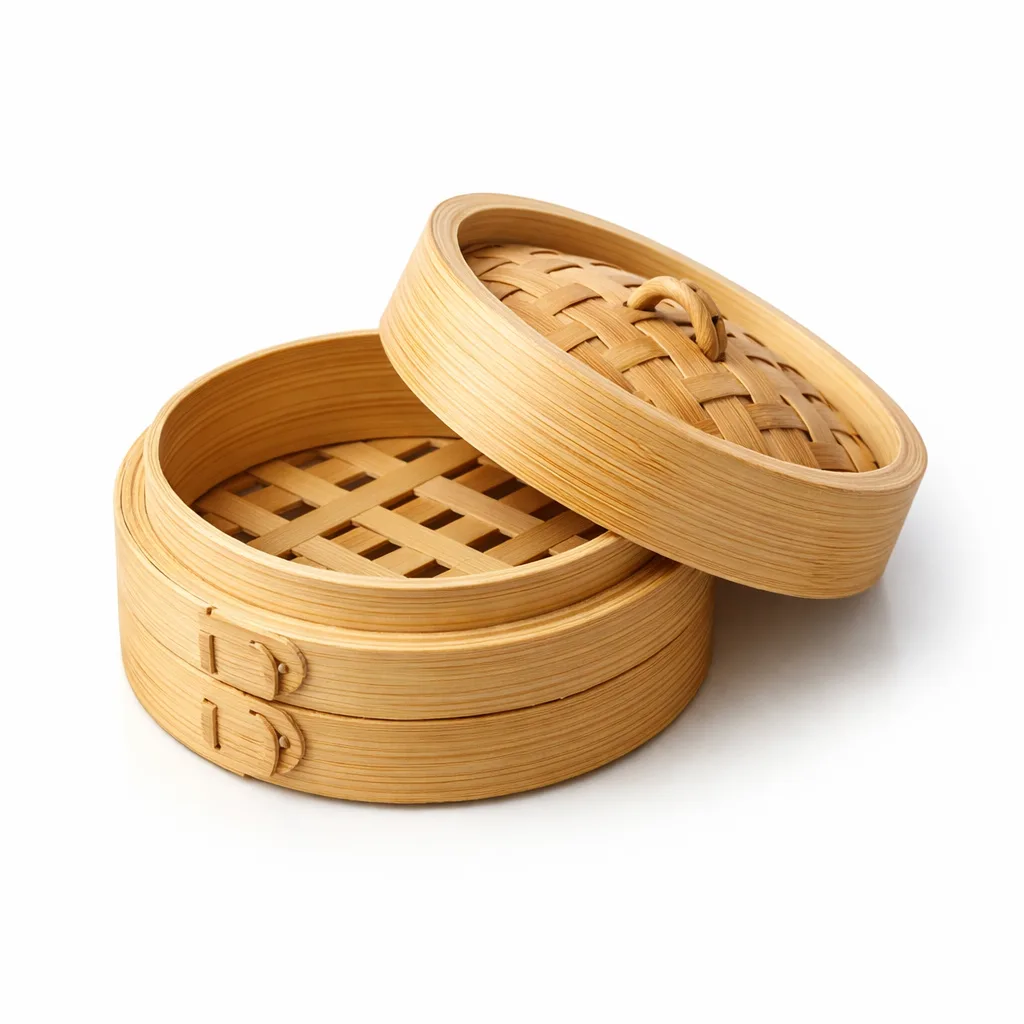 A round mini bamboo steamer for dim sum featuring a natural bamboo finish with a classic stackable lid. Presented in high realism studio lighting for a crisp e-commerce product view.
