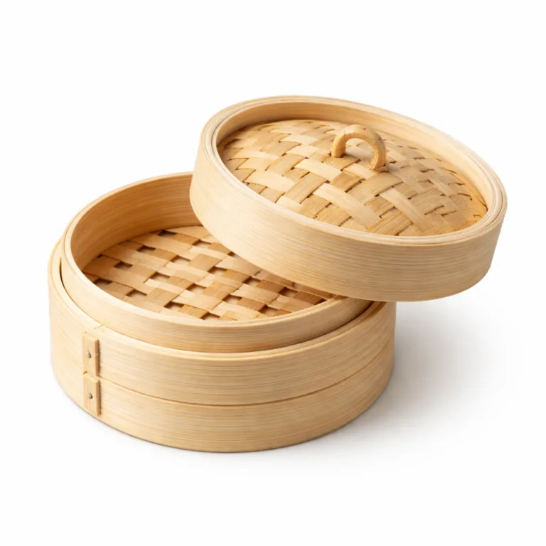 A compact mini bamboo steamer for dim sum with a visually softened, rounded edge profile, enhancing both safety and aesthetics. Crafted in natural bamboo with a fitted stackable lid.
