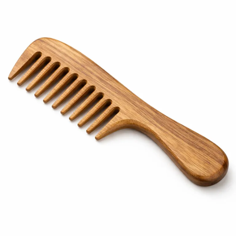 A matte-oiled sandalwood wide-tooth comb with a subtle sheen. Features beveled edges for gentle detangling and a comfortable ergonomic handle, making it ideal for hair care routines that prioritize scalp comfort.