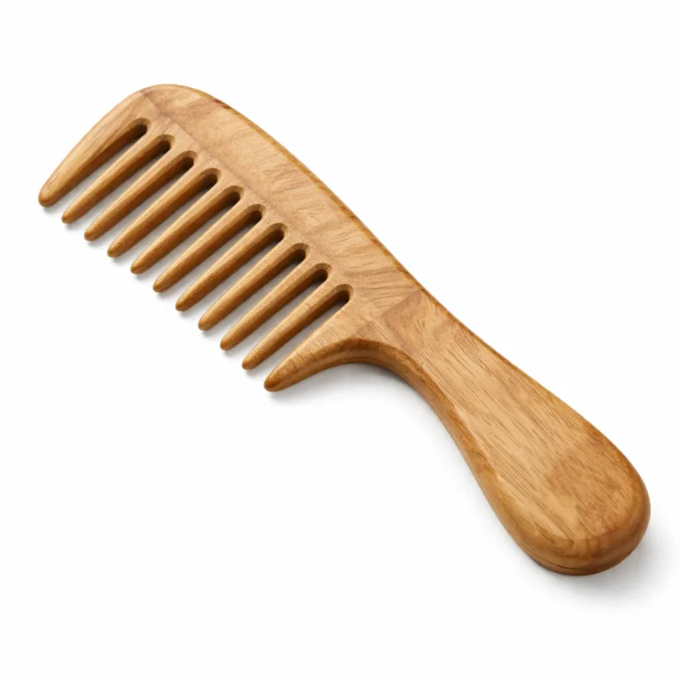 A beautifully crafted natural sandalwood wide-tooth comb featuring a smooth ergonomic handle and softly rounded edges. The natural wood grain is visible, with a gentle finish that highlights the wood's warmth and color, perfect for daily hair care.