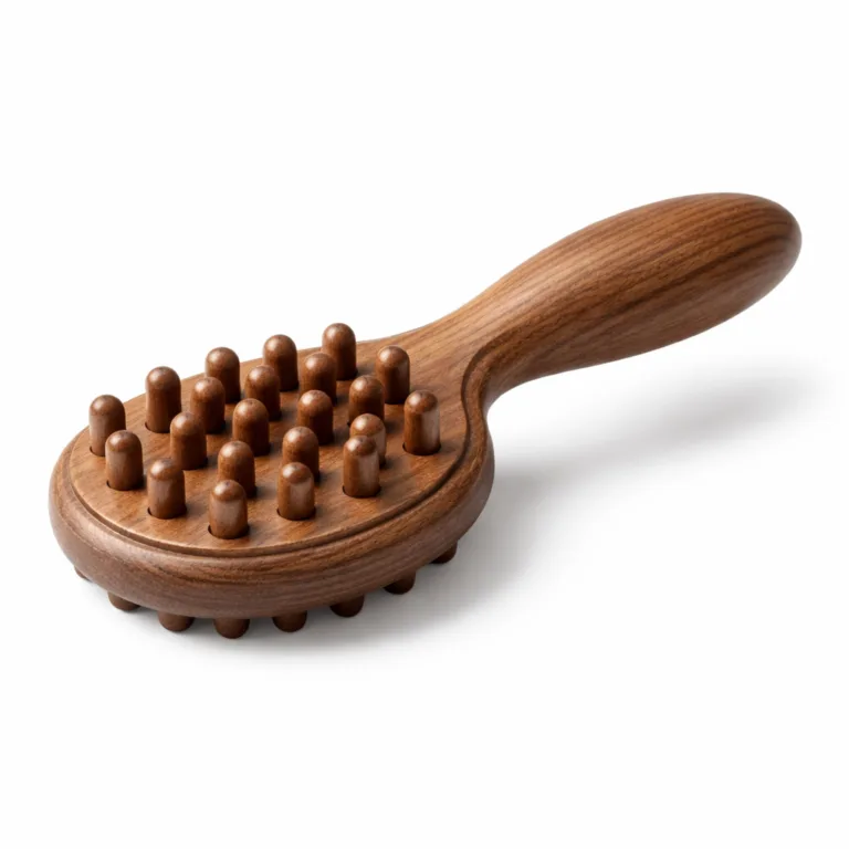 A scalp massager made from beech wood with a carbonized finish and distinctive beveled edge, ergonomic grip, and rounded massaging tips, shown in sharp studio lighting.