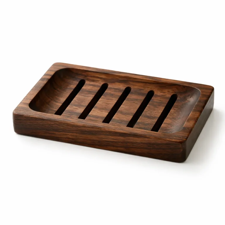 A dark carbonized acacia wood soap dish showcasing elegant beveled edges, with precise drainage grooves for improved water flow and durability.