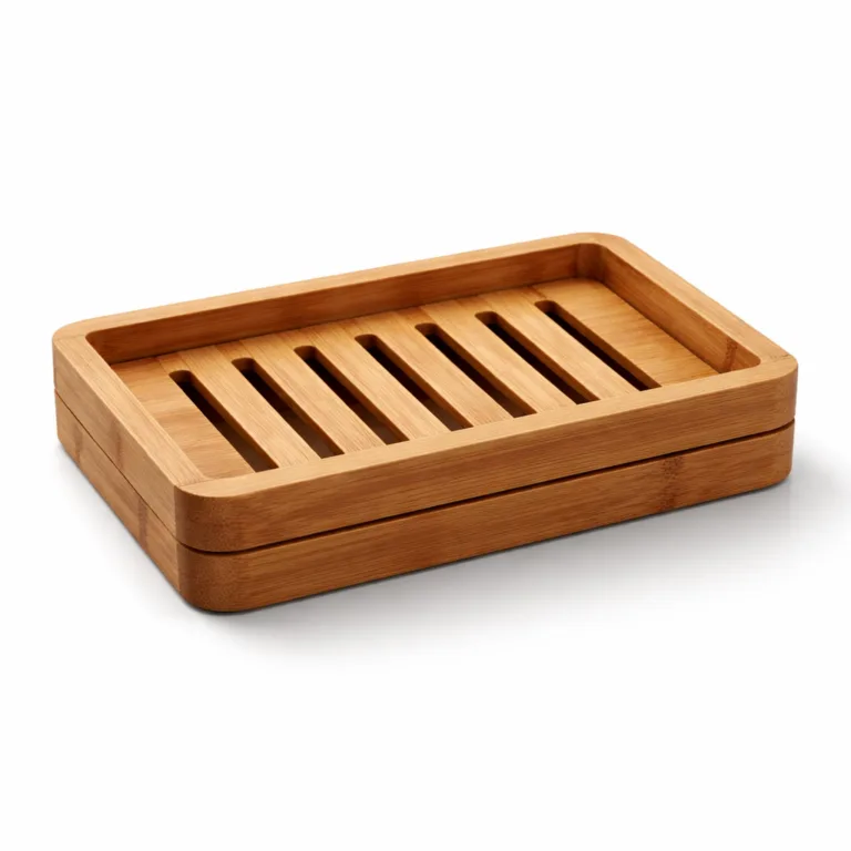Rectangular carbonized bamboo soap dish showcasing a thicker profile and a raised rim for added style and water containment. The deep, toasted finish accentuates the unique bamboo patterns and durability.