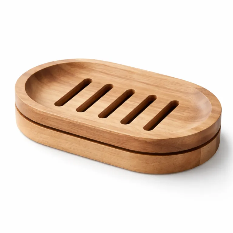 Oval-shaped acacia wood soap dish with a matte-oiled finish, featuring a beveled edge and elongated slots for enhanced drainage. The subtle sheen and smooth profiles create a refined and modern presentation.
