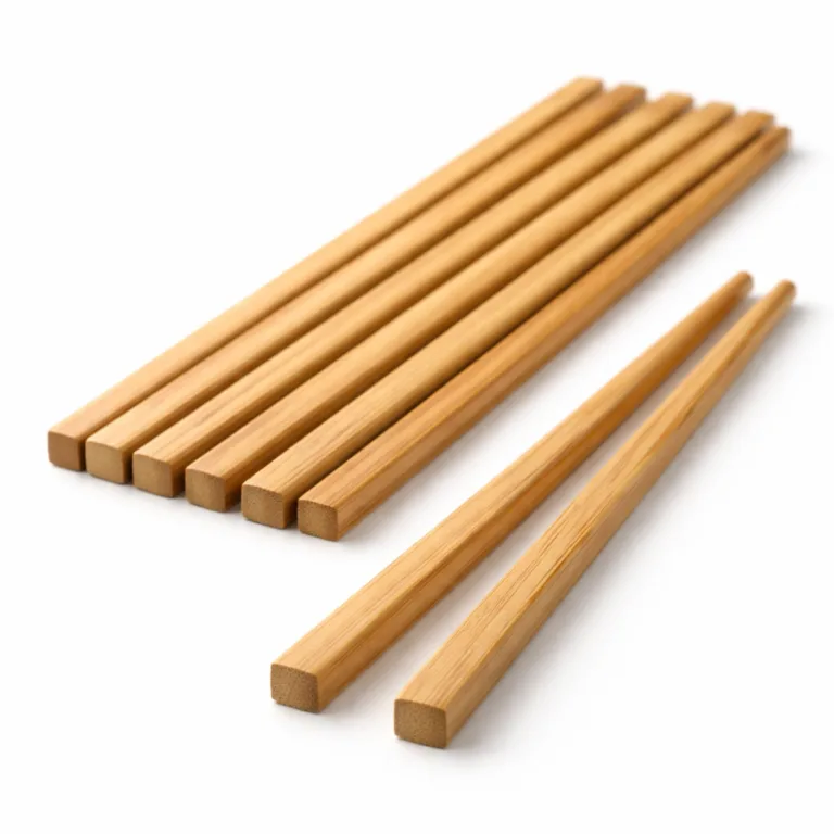 Single bamboo square chopstick with anti-roll design and elegantly polished beveled edges. The beveled corners offer comfortable grip and a refined touch for table use, shown in high detail.