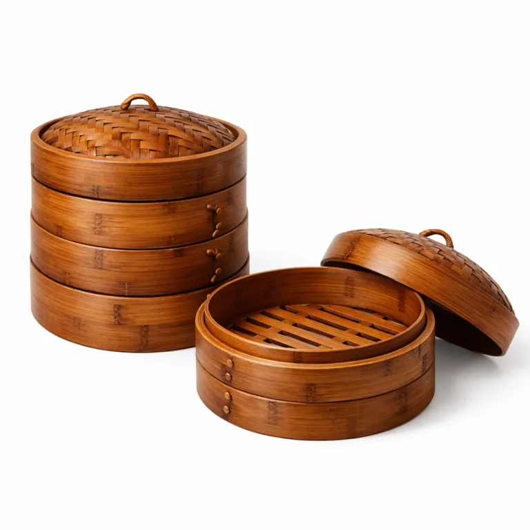 Stackable bamboo steamer baskets crafted from carbonized bamboo for a deep caramel colored finish. Designed to offer both premium appearance and practical utility in the kitchen.