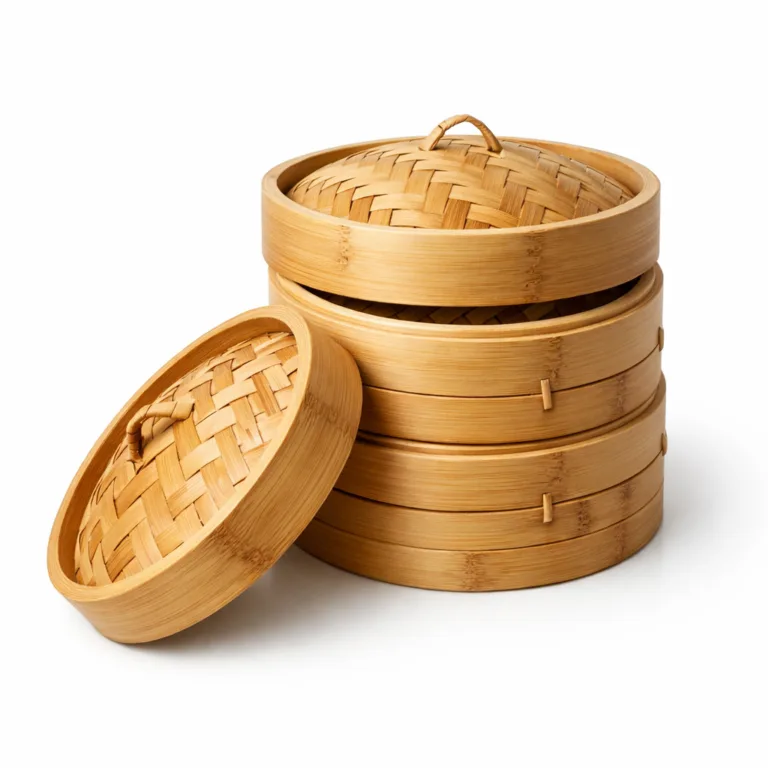 Stackable bamboo steamer baskets featuring a matte-oiled finish for a subtle sheen and enhanced bamboo grain visibility. Ideal for modern kitchens seeking a blend of traditional design and refined surface.