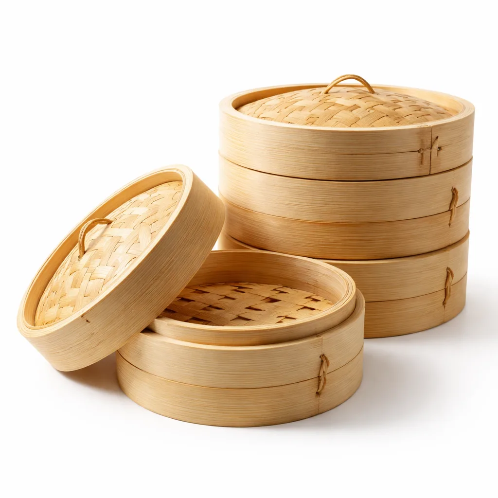 A set of stackable bamboo steamer baskets made of natural, untreated bamboo with a smooth classic finish and domed lids. The clean look makes it perfect for kitchens and e-commerce presentations.
