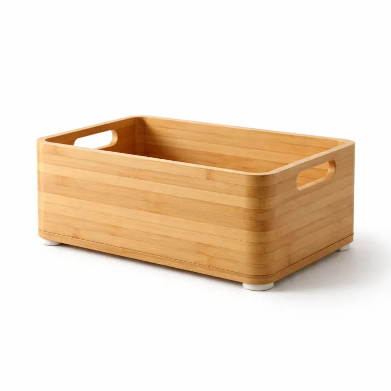 A bamboo toy storage basket equipped with ergonomic handles and anti-slip feet for extra stability. Perfect for securing toy storage on any surface.
