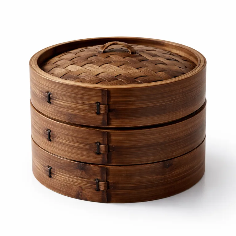 A high quality two-tier bamboo steamer set crafted from dark carbonized bamboo, giving it a rich brown hue. The natural color variation and smooth finish are highlighted by studio commercial lighting, ideal for online product display.