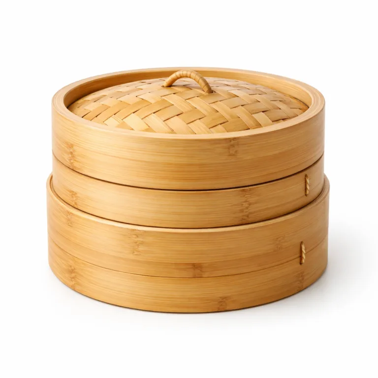 A two-tier bamboo steamer set constructed from natural moso bamboo with a matte-oiled finish, highlighting a soft luster and emphasizing the smooth texture. Stackable double-tier design, captured with sharp commercial studio lighting for a high quality e-commerce presentation.