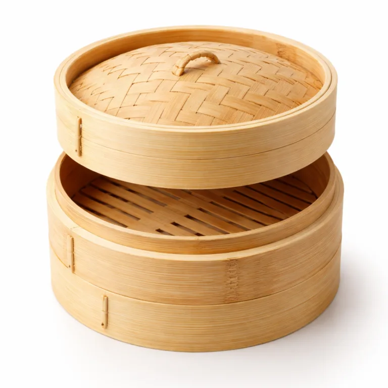 Two-Tier bamboo steamer set in natural moso bamboo featuring gently rounded rim edges for comfortable and safe handling. The stackable double-tier shape is showcased with sharp details, suited for an e-commerce main image.