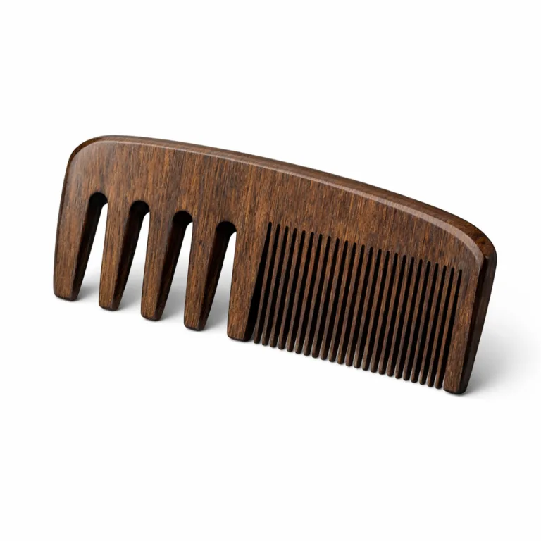 Modern variant of the anti-static beech wood comb featuring a deep carbonized finish and precise beveled edge. The dramatic color and shape offer a stylish, approachable option for customers seeking a sleek appearance.