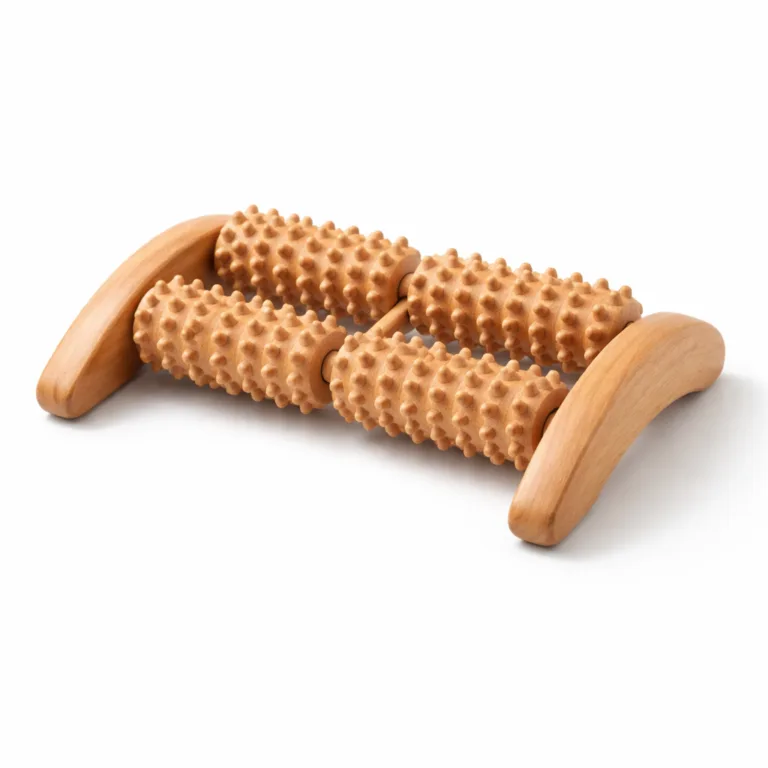 Studio image of a wooden back massage roller constructed from beech wood, designed with a double-row of rollers and ergonomically beveled handles. Features a matte-oiled surface for a modern look and enhanced grip.