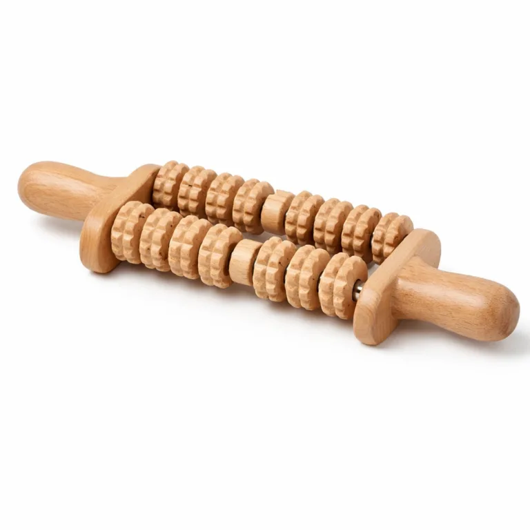 A high-realism e-commerce photo of a wooden back massage roller crafted from beech wood, featuring a double-row design and ergonomic handles. Shown in its natural untreated wood finish with gently rounded edges for smooth comfort.