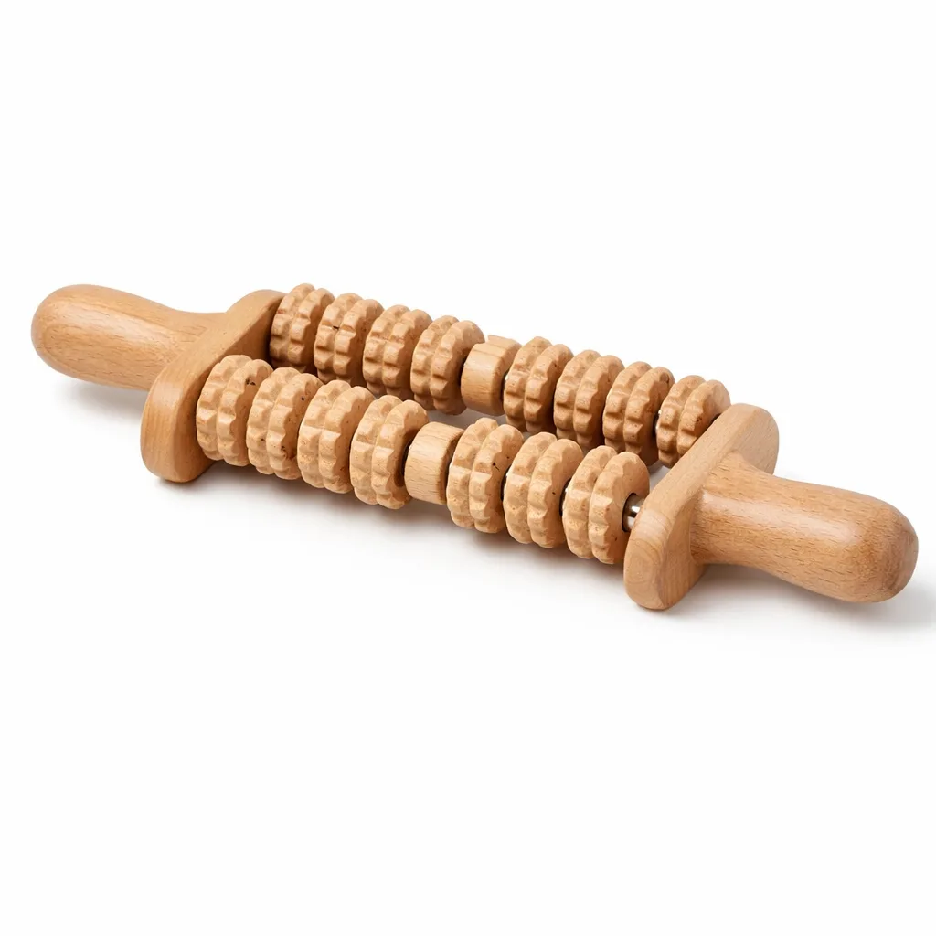 A high-realism e-commerce photo of a wooden back massage roller crafted from beech wood, featuring a double-row design and ergonomic handles. Shown in its natural untreated wood finish with gently rounded edges for smooth comfort.
