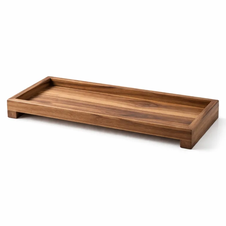 A stylish bathroom tray stand made with carbonized acacia wood, featuring elegantly beveled edges for a sophisticated look. The rich dark finish adds a touch of luxury while retaining practical raised edges for function.