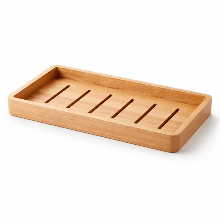 A functional beech wood bathroom stand with a matte-oiled finish, complete with a raised rim and multiple integrated drainage slots. Perfect for storing items that may drip or require ventilation while adding a modern spa-inspired appeal.