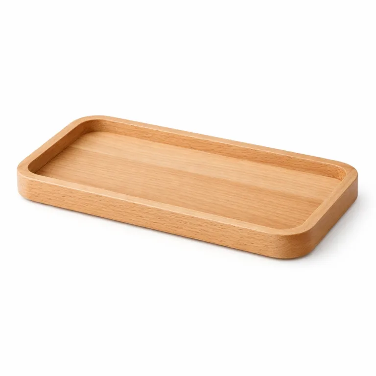 A minimalist bathroom counter stand crafted from natural beech wood featuring gently rounded corners and raised edges for secure storage. The classic finish highlights the wood grain with a warm, timeless look ideal for organizing vanity items.