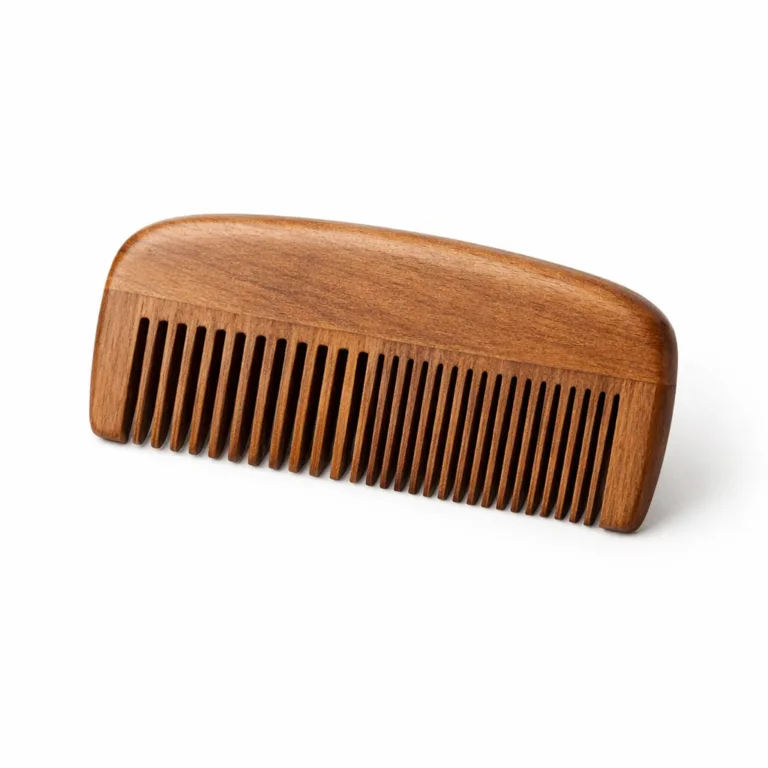 A pocket-size wooden beard comb crafted from natural hardwood, featuring a matte finish and softly rounded edges for comfortable grooming. Perfectly suited for everyday beard care.