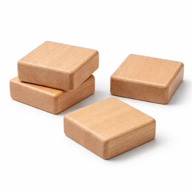 Realistic studio image of a Wooden Bed Slat Support Block crafted from beech wood, featuring a matte-oiled finish and softly rounded edges for safer and softer handling.