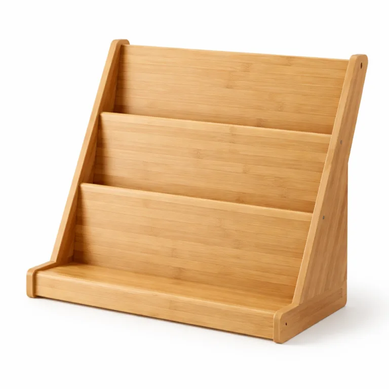 A wooden book display stand crafted from natural bamboo, featuring a smooth matte-oiled finish and softly rounded edges for a modern look. The stand includes a tiered design and angled back support, ideal for showcasing books on desks or shelves.