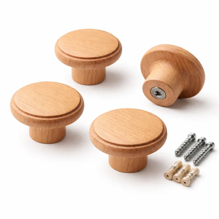 A modern beech wood cabinet knob featuring a flat round profile, matte-oiled finish, and a subtle decorative groove near the edge, offering a sophisticated tactile accent.
