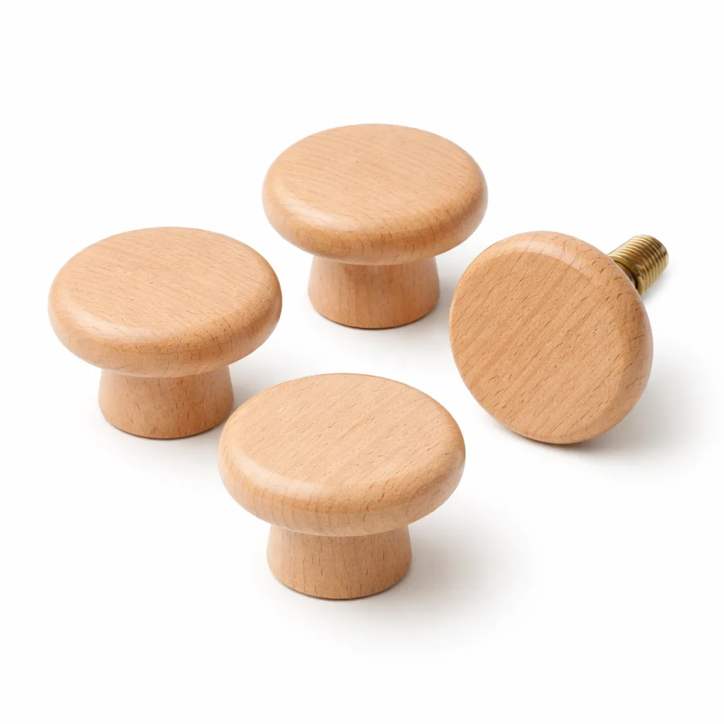 A round wooden cabinet knob crafted from beech wood with a natural finish, showcasing the subtle wood grain and smooth, seamless surface. Designed for modern furniture and easy installation.