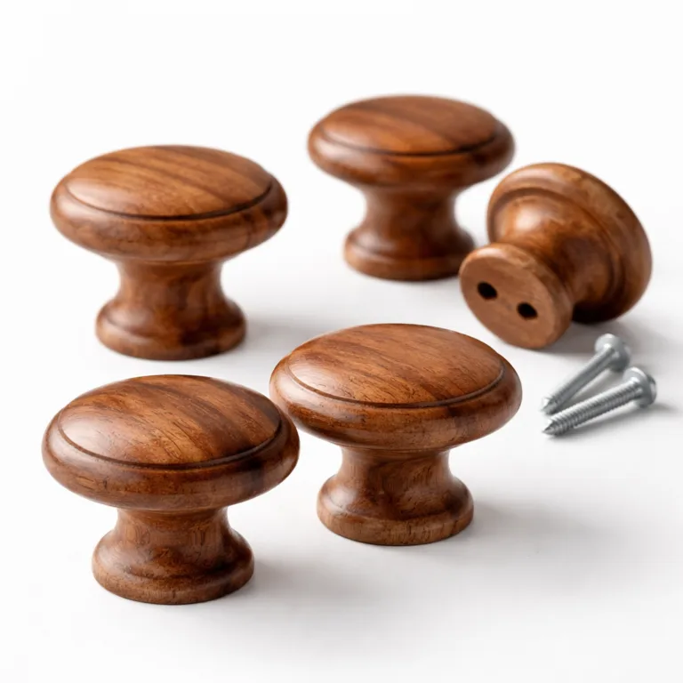 A polished acacia wooden cabinet knob with a mushroom shape and gently beveled edge, offering a lustrous surface and refined craftsmanship suitable for premium furniture pieces.