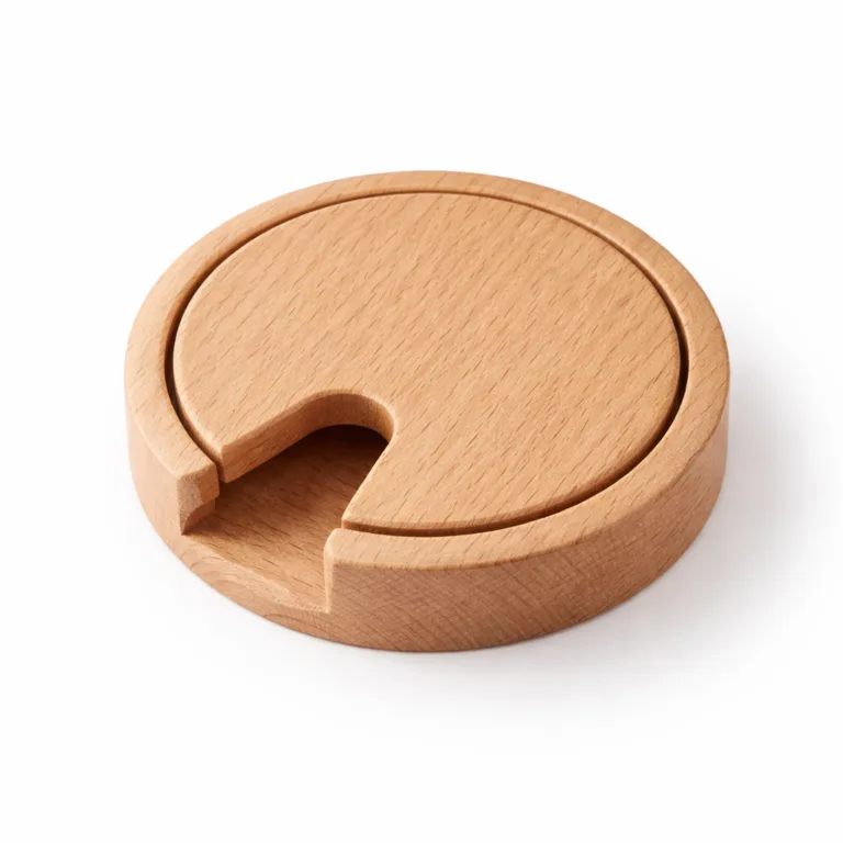 A round wooden cable management grommet made of beech wood, featuring a cable slot and a natural wood finish. Ideal for organizing desk cables stylishly.