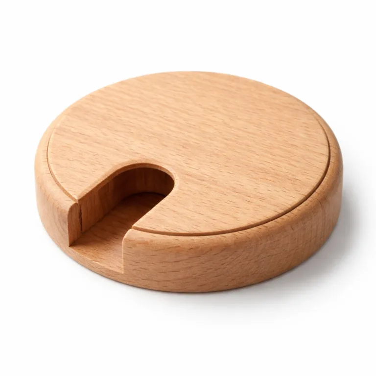 A round polished wooden cable management grommet crafted from beech wood, with a cable slot and glossy smooth surface for a refined appearance.