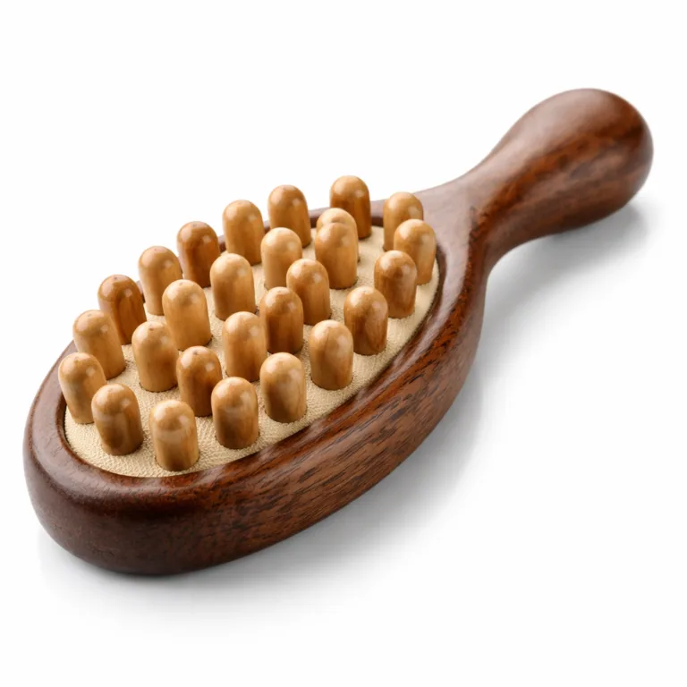 A cellulite massage brush crafted with beech wood, featuring a carbonized, deep brown finish. Smooth bristles on an oval head with a compact handle, styled for a sophisticated and natural wellness look.