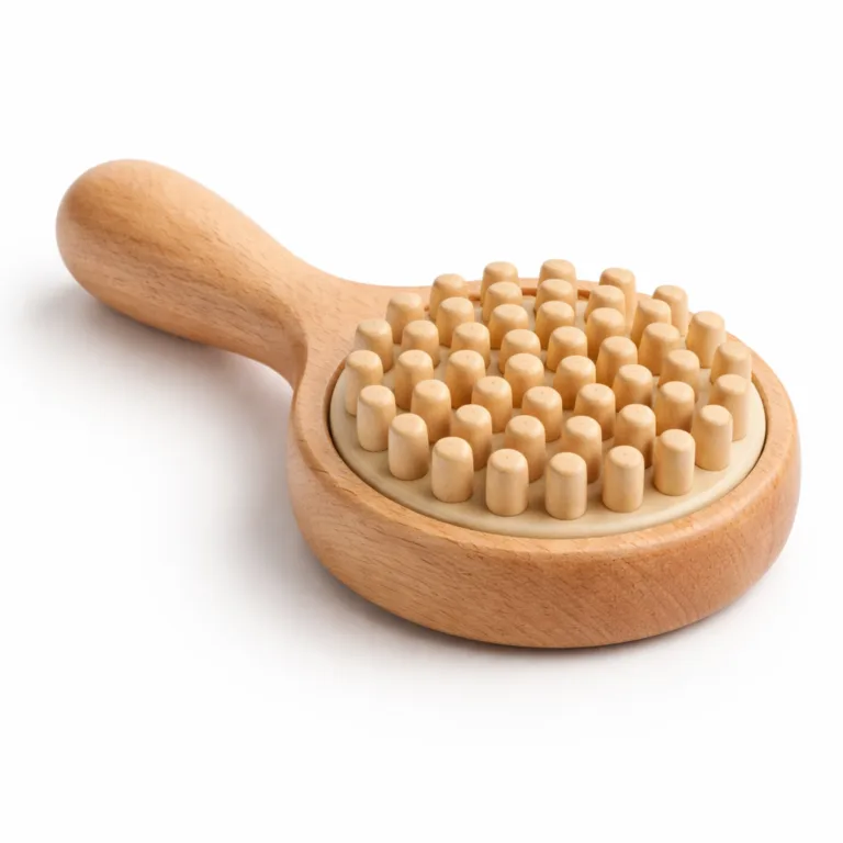 Wooden cellulite massage brush featuring a matte-oiled finish and a comfortable beveled edge. Made from beech wood with a round head and smooth bristles, perfectly suited for massaging and skincare routines.
