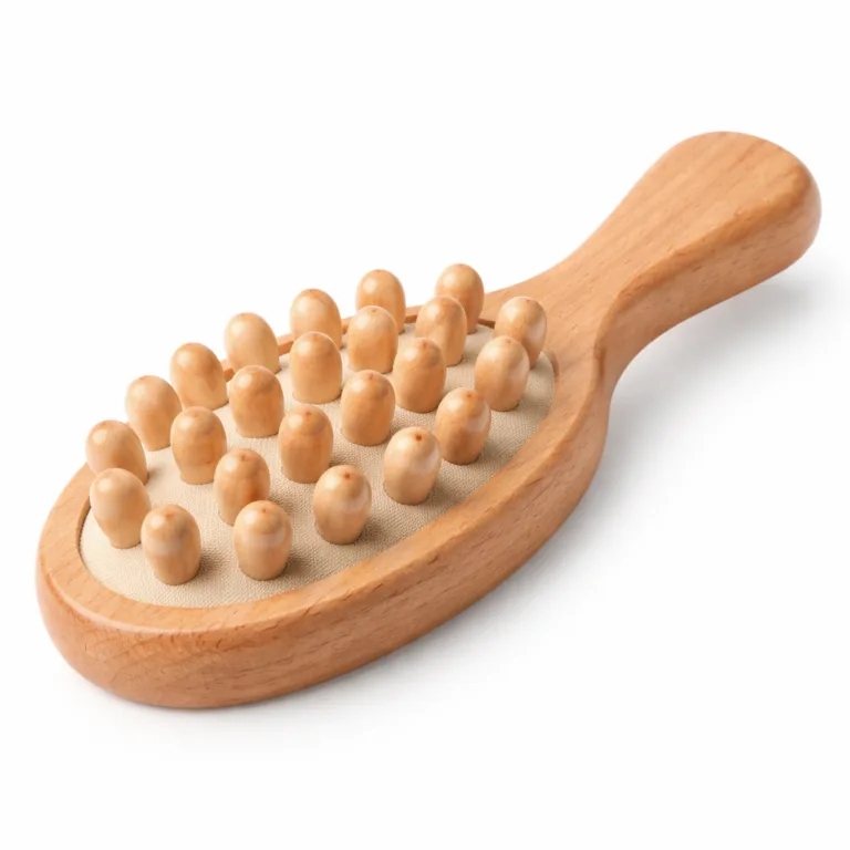 A wooden cellulite massage brush made from beech wood, featuring a natural wood finish and gently rounded edges. Oval head with smooth bristles and a short handle. Ideal for body massage and e-commerce display.