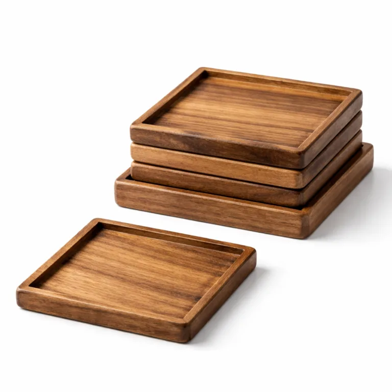 A square acacia wood coaster set in a carbonized finish, featuring a raised rim edge for enhanced protection against spills. Perfect for modern table settings.
