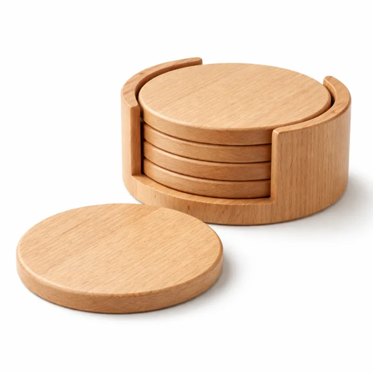 A round beech wood coaster set, matte-oiled for a sophisticated look, crafted with beveled edges for a refined touch. Great for minimalist decor.